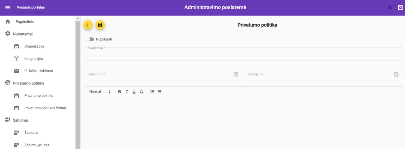 Privatumo politikos naujo įrašo įvedimo langas