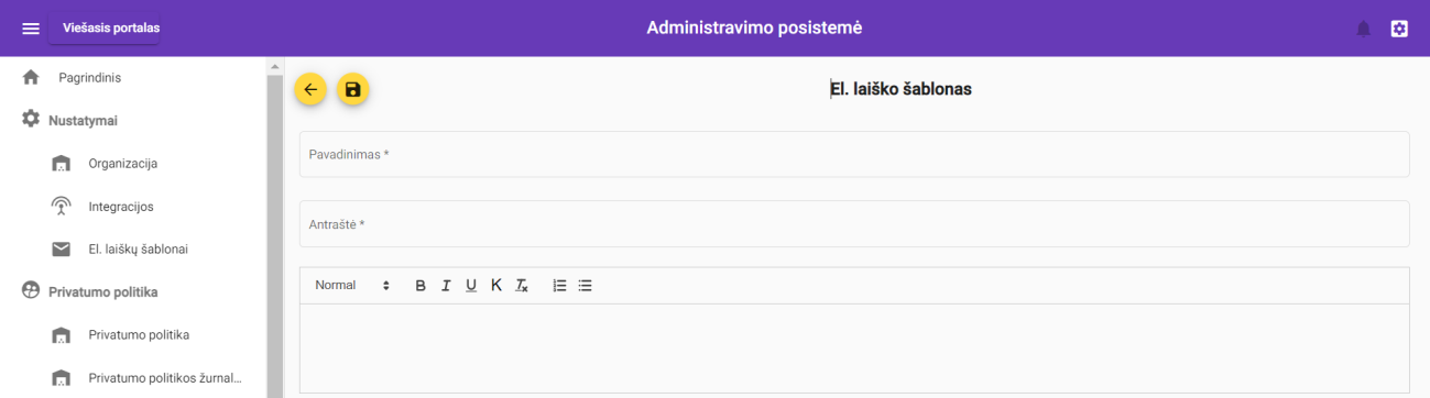 El. laiško šablono kūrimo langas