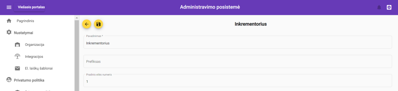 Inkrementoriaus kūrimo langas