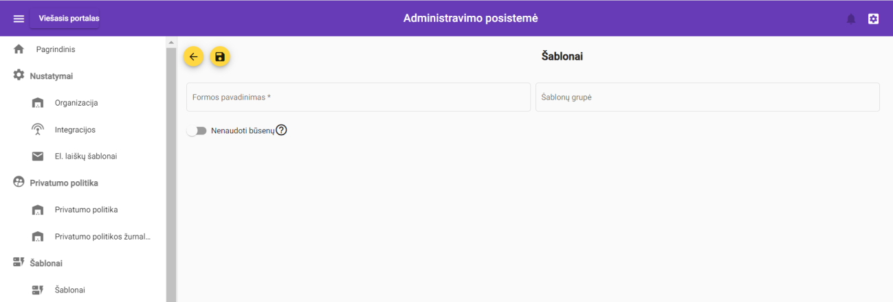 Naujo šablono kūrimo langas