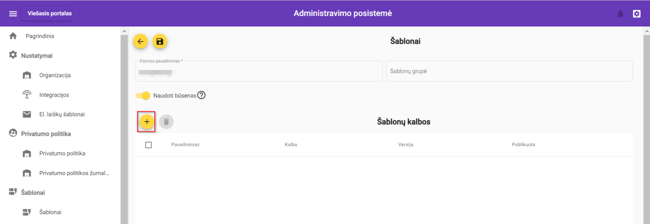 Šablono kūrimo langas