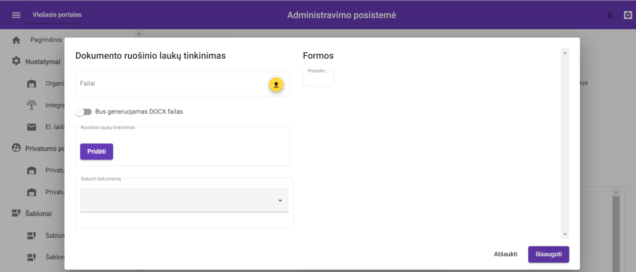 Dokumento ruošinio laukų tinkinimas su formos šablono laukais
