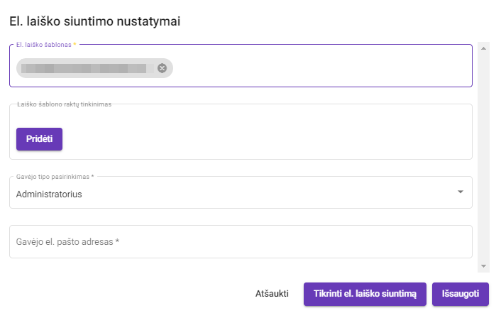 El. laiškų nustatymo langas