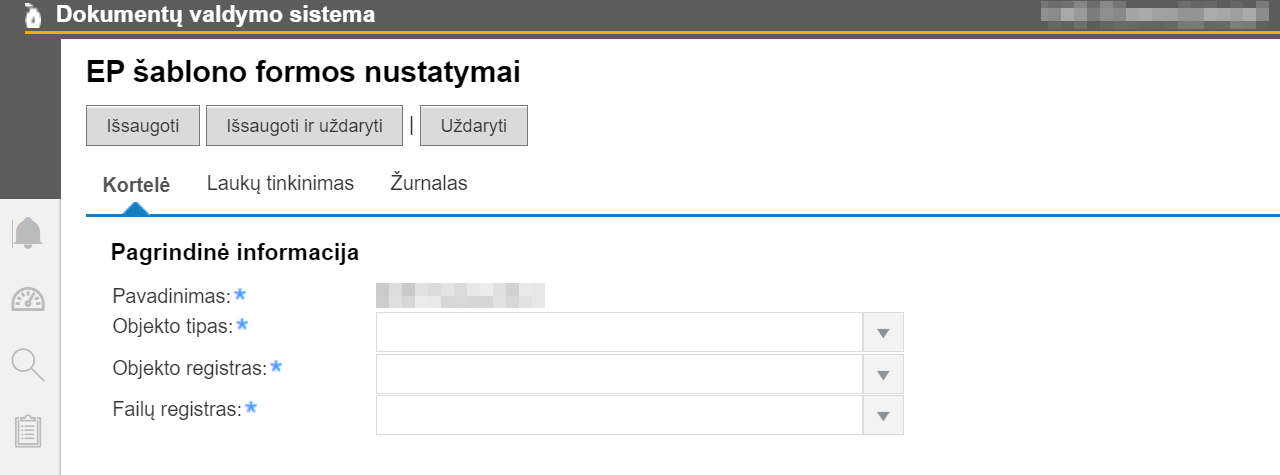 Šablono formos nustatymai DVS „Kontora" EP integracijos nustatymuose